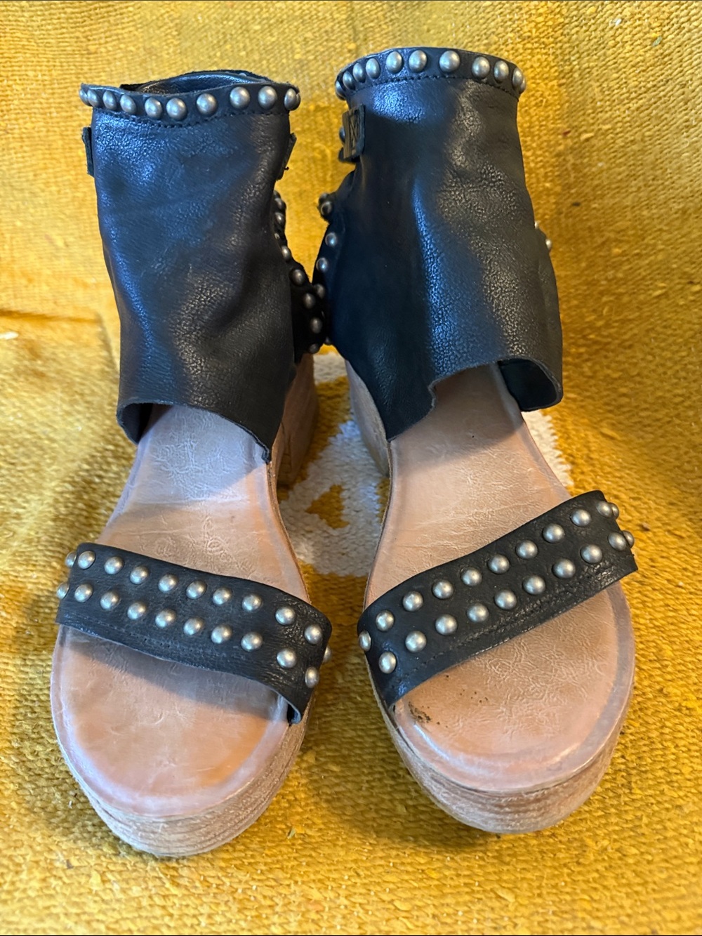 A.S.98 Black Studded Leather Wedge Sandals